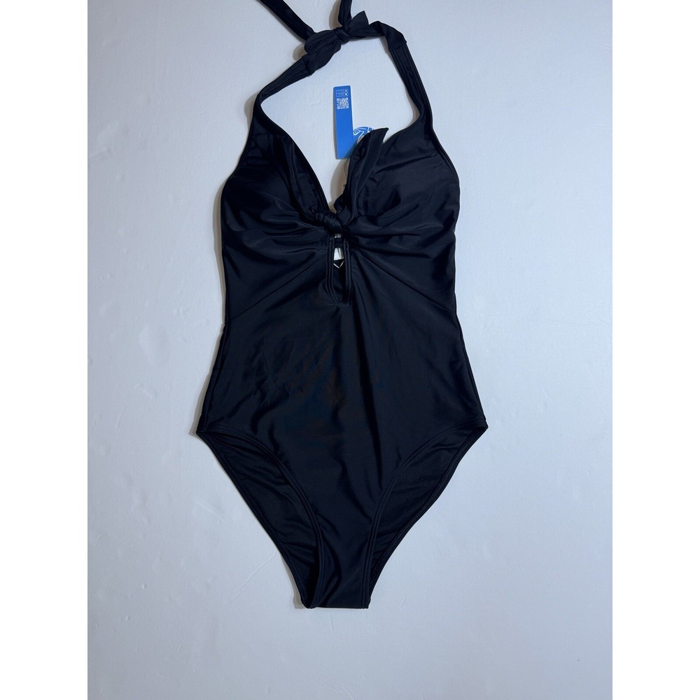 CUPSHE Women's One Piece Halter Deep V Neck Swimsuit Tummy Control  Black‎ Sz S
